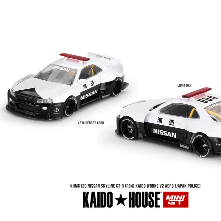 Kaido House + Mini GT 1:64 Nissan Skyline GT-R R34 Kaido Works (V2 Aero) Police KHMG120