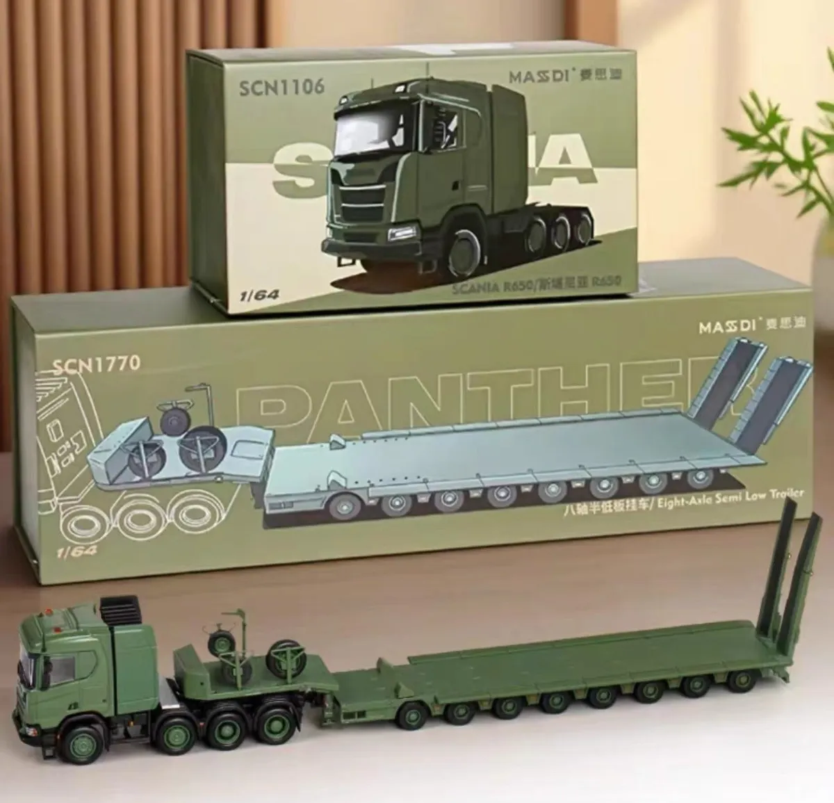 Masdi 1:64 Army Green SCANIA R650 Model Diecast combo